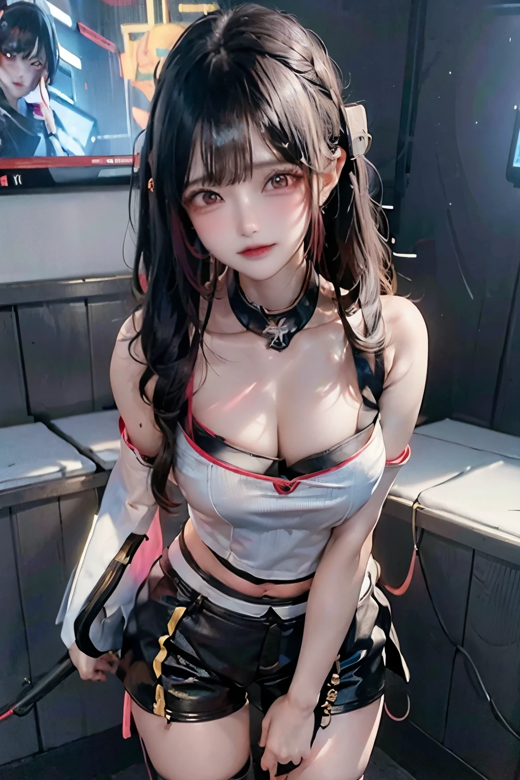 (1girl:1.3),4k picture, Japanese Girl, ((Cute girl)), Cozy girl, ((Oriental eyes)), ((Detailed eyes)), black hair, Detailed hair, ((Bangs)), Beautifully detailed face, Beautiful Hands, Shiny skin, standing, happy smile, ((Gaming room, Neon lights, Cyberpunk)), Long hair, White sleeveless, wearing shorts, Beautiful body,(Perfect Anatomy, Highly detailed skin), left hands on the shoulder, looking at the viewer, ((masterpiece, best quality:1.4))