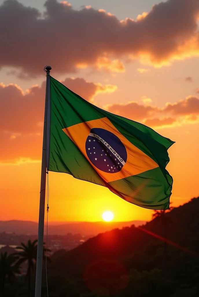 Brazilian flag with the sunset in the background
