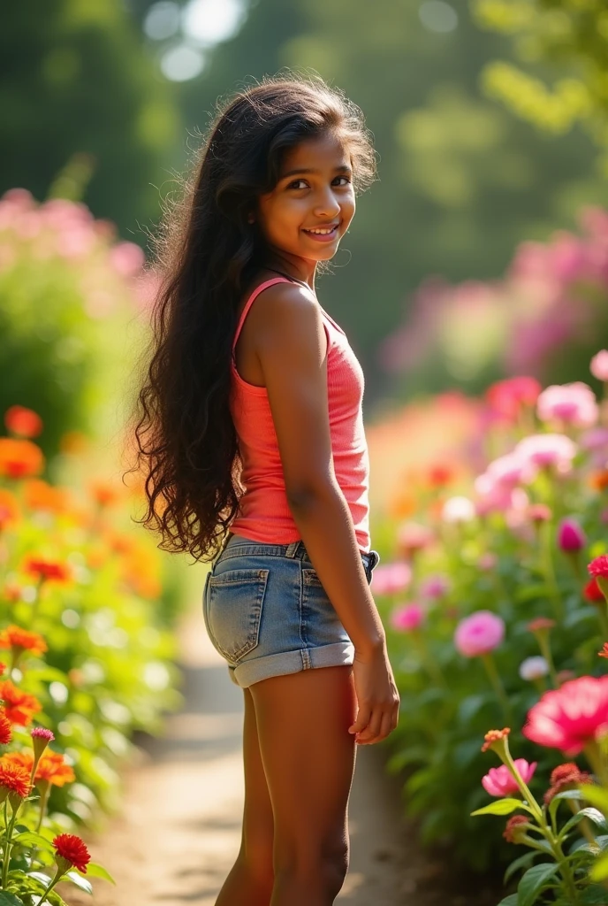 8-year-old real life indian girl, standing in a garden, (wearing pastel color short length sundress:1.3), big curvy ass, average breast, fit body figure, legs visible, beautiful legs, brown skin colour, looking back at the viewer, curves, view from back bottom 