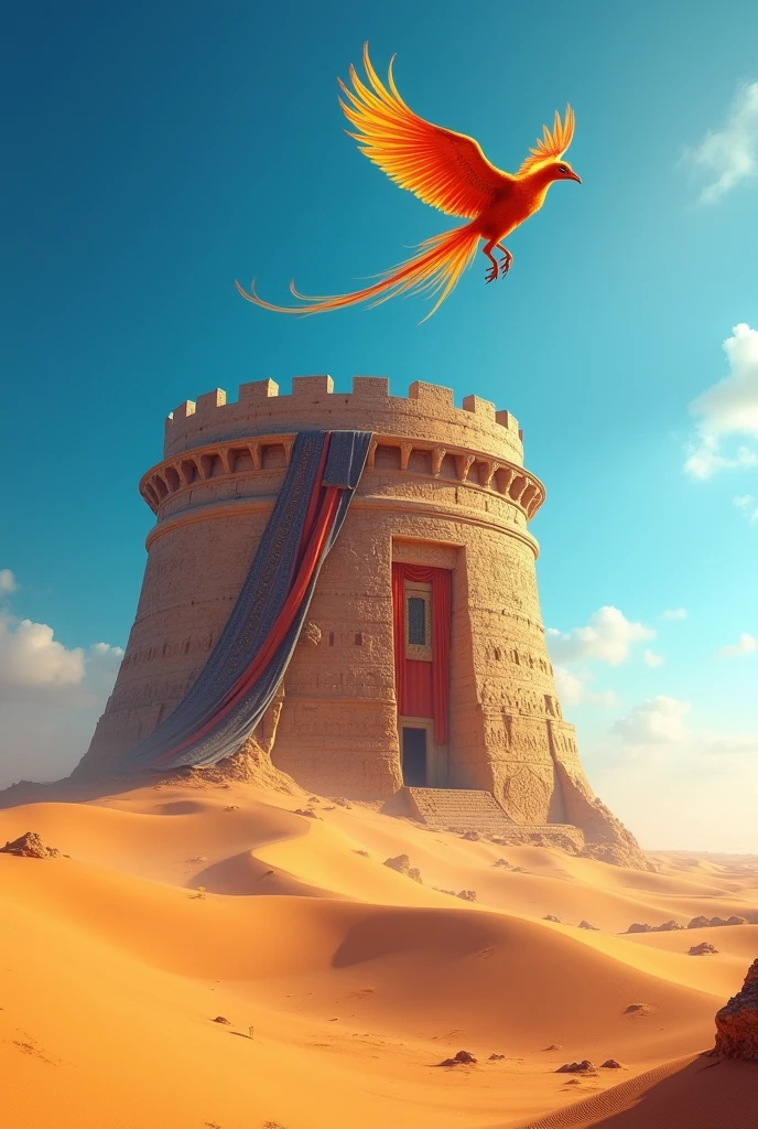 desert with a gigantic round tower reaching for the sky and a phoenix flying around
