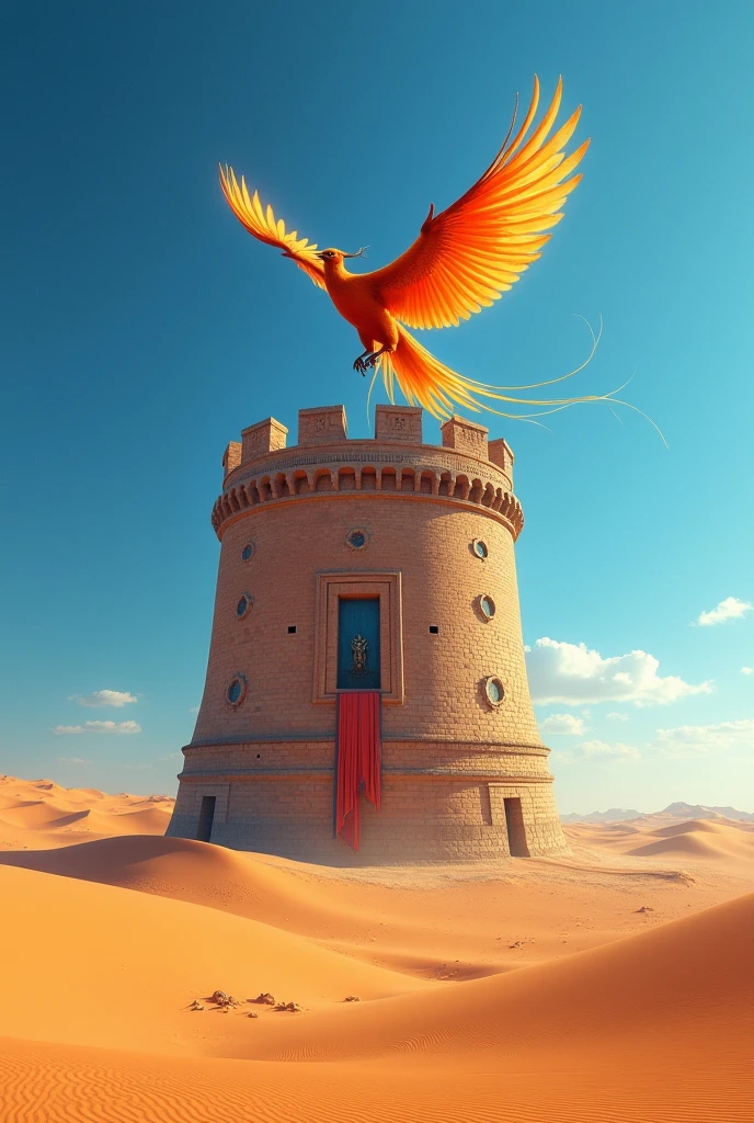 desert with a gigantic round tower reaching for the sky and a phoenix flying around