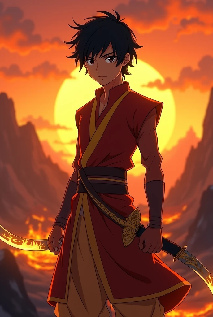 A member of the Fire Nation-(avatar), young adult, naughty man, Arab with a curved sword