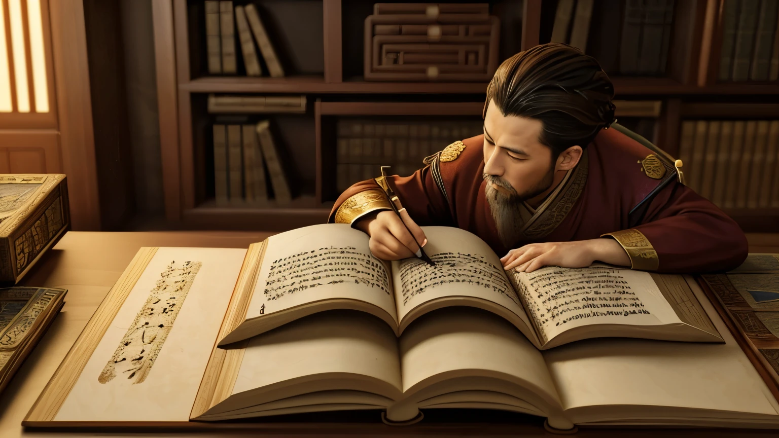 A scene of an ancient historian compiling the first (((Tales of the Xia Dynasty))), cercado por scrolls and instruments de escrita, as visions of history take shape around him. The rendering style is a realistic and detailed illustration, capturing the intricate details of [scrolls and instruments].