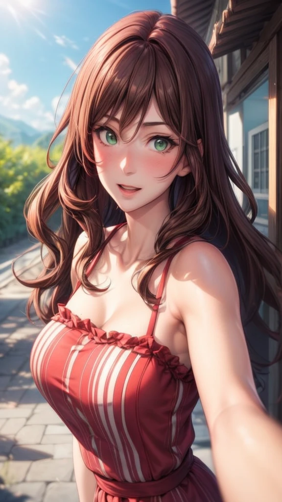 a beautiful woman in red dress taking selfie, anime style, green eyes, brown hair, outdoors, dress, long hair, red dress, day, collarbone, blush, sky, selfie, bangs(eye arts:0.7)(eyes arts:0.7)(uhd 4k eye:0.7)