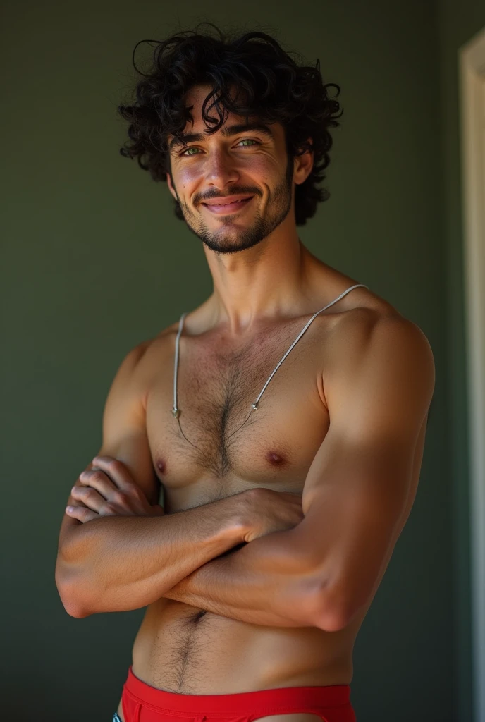 (Photorealism:1.2), A young man with black curly hair, he has dark green eyes like moss, one with freckles on his nose and a smile on his face.  Simple clothes, thrown together in a haphazard way. He doesn't have a lot of muscle, but he has a well-defined body with a height of 1,69  with scars on his fists. Full body. wearing red visible jockstrap underwear 