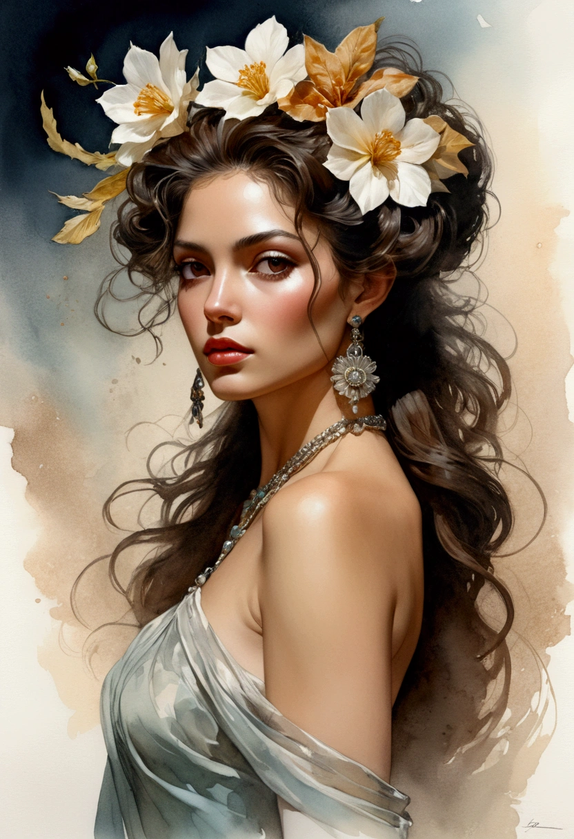 Digital art, Film quality, portrait, realistic art, Digital illustration, Vibrant colors, watercolor, oil paints, alcohol inks, combining the artistic styles of José Royo, David Hamilton, Karol Bak's, Jim Lee, Frank Miller, Luis Royo, watercolor illustration of the silhouette of an elegant Spanish woman, sketch gracefully showing feminine beauty, flowing hair, highlights on the face, earring and necklace, a flower in the hair. captures the ethereal beauty of her outfit, soft washes of watercolor blending seamlessly to represent the fluid fabric and intricate details. The sketch pose exudes a natural elegance. hyperdetailed, trends in artstation, sharp focus, studio photo, intricate details, highly detailed, by greg rutkowski, pastel photo, digital art, perfect composition, beautiful intricate details insanely detailed octane rendering trends in artstation, art photography by 8k, photorealistic concept art, soft natural volumetric cinematic perfect light, chiaroscuro, award-winning photography, masterpiece, oil on canvas, raphael, caravaggio, greg rutkowski, beeple, beksinski.