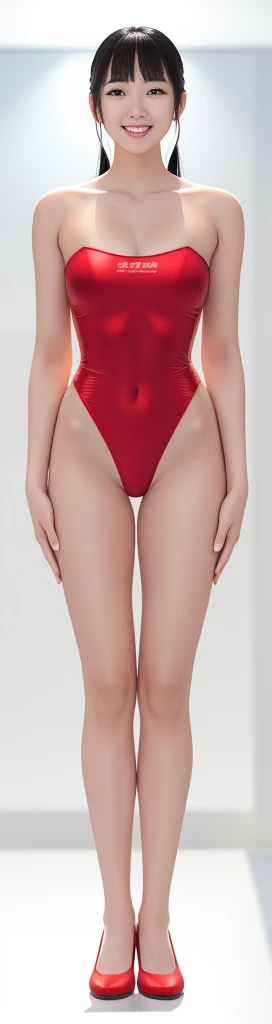 On a white background，A tall and beautiful Chinese girl，with fair skin，Toothy smile，A big smile，When you laugh, Your eyes are crescent-shaped，blunt bangs, long straight hair，Wear a one-piece swimsuit and pumps，Swimsuits are decorated with joyful patterns, Stand up straight，Stand upright，hands on sides，Symmetrical distribution，Ray tracing，All shaded areas，No windows, Soft lighting, Warm light, flood light, n, Studio light, 1.4x Realistic Ultra HD