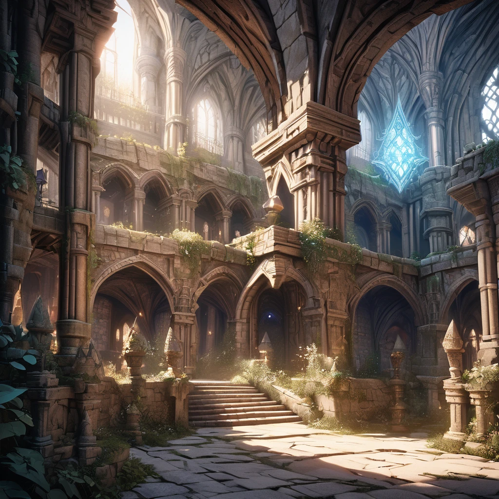 stunning medieval fantasy dungeon, magical elements, soft colors, highly detailed, stone walls, mysterious atmosphere, dramatic lighting, intricate architecture, ornate decorations, glowing magical effects, epic scale, photorealistic, 8k, best quality