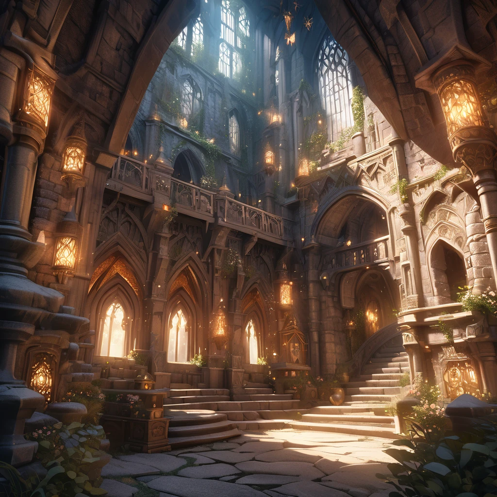 stunning medieval fantasy dungeon, magical elements, soft colors, highly detailed, stone walls, mysterious atmosphere, dramatic lighting, intricate architecture, ornate decorations, glowing magical effects, epic scale, photorealistic, 8k, best quality