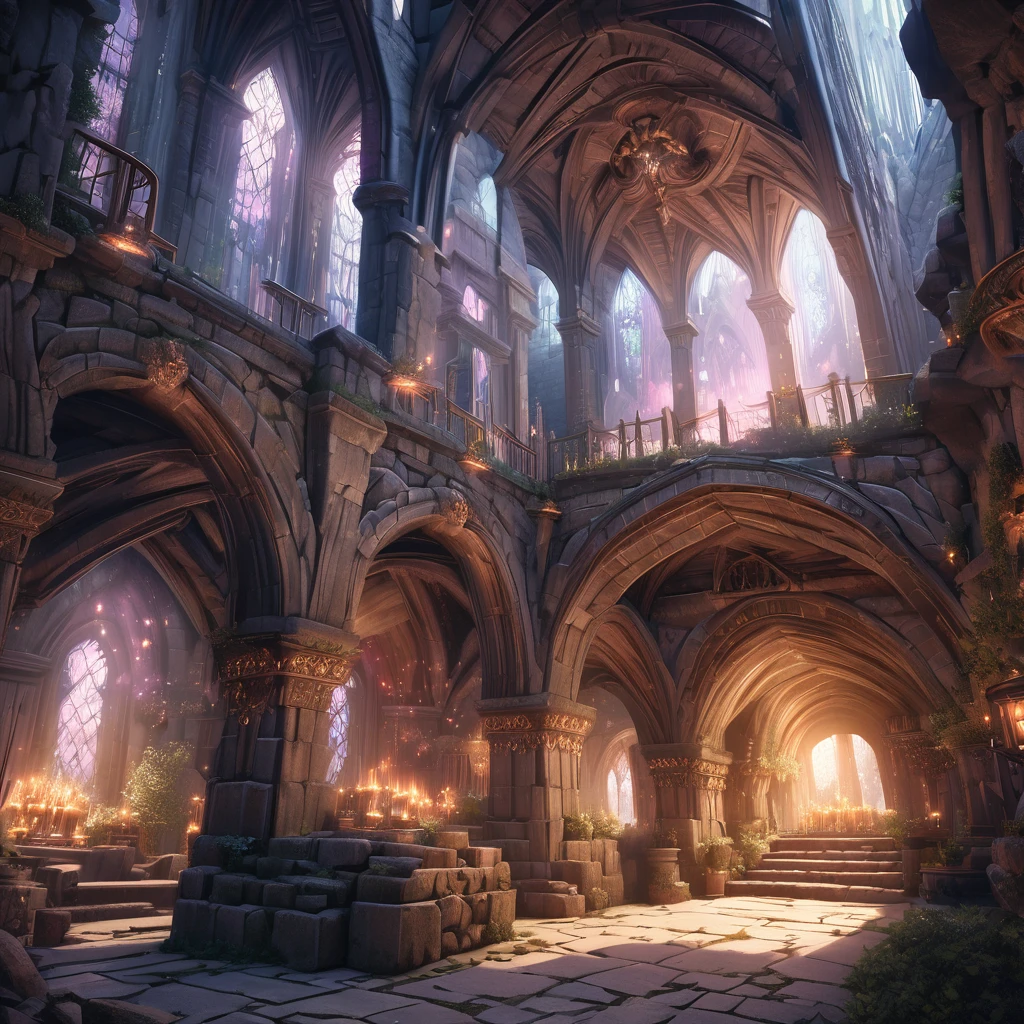 stunning medieval fantasy dungeon, magical elements, soft colors, highly detailed, stone walls, mysterious atmosphere, dramatic lighting, intricate architecture, ornate decorations, glowing magical effects, epic scale, photorealistic, 8k, best quality