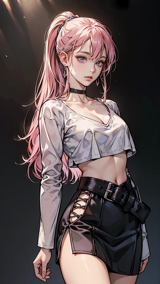 (((Masterpiece))), (((Best Quality))),Ultra High Resolution, Caustics, Detailed, (Beautiful Detailed Eyes),Perfect Anatomy, nsfw, (1 2D anime girl), intricate details, chromatic aberration), (realistic), (skin), ((breathe)), pink purple multicolor hair, long hair, fine hair, blue highlights, studio background, small earrings, clear eyes, purple eyes, choker, ((black crop top, thin material, mini skirt)), open waist, (symmetrical eyes), (perfect symmetrical body), night, (((Natural light))), Backlight, dim lighting ,look at the audience, (((center shot, From before, face and waist))), (big breasts), cleavage, long thin material sleeves, ponytail with two wisps front, sexy cloth