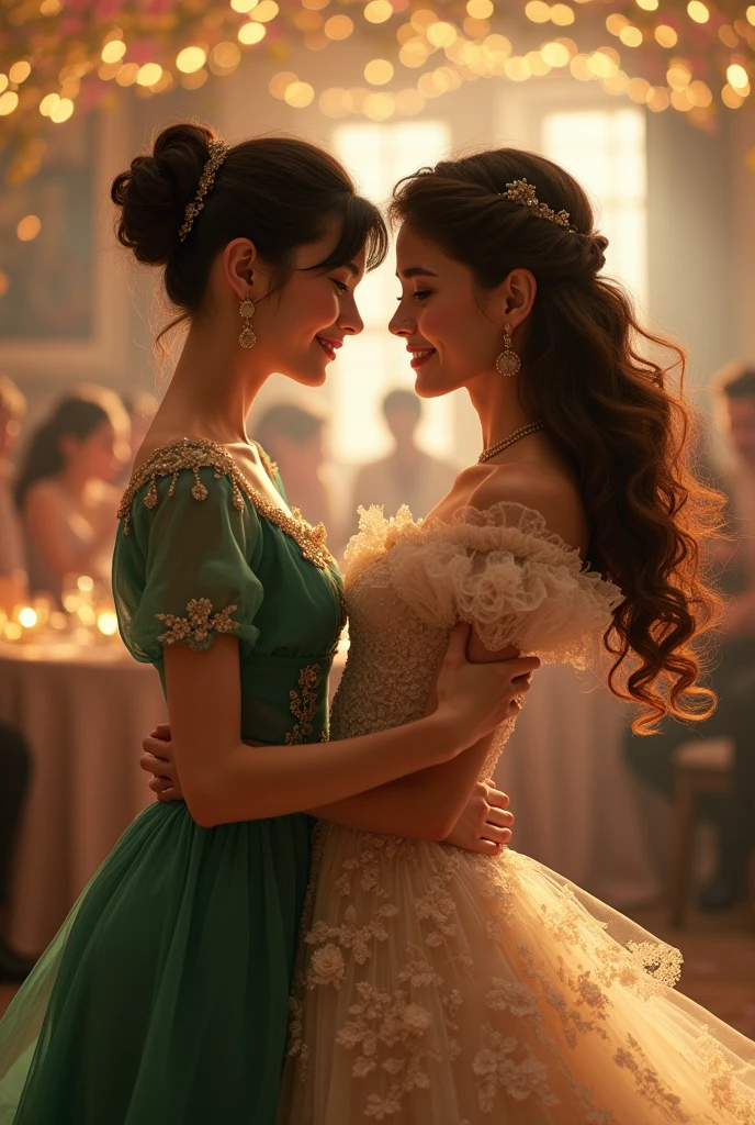 Two girls, one with long brown hair, dance with another with short, loose black hair., The chestnut one has a stunning Victorian dress full of lace details and the other one has a simple green one with small embroidered details.. The black-haired girl holds the brown-haired girl by the waist