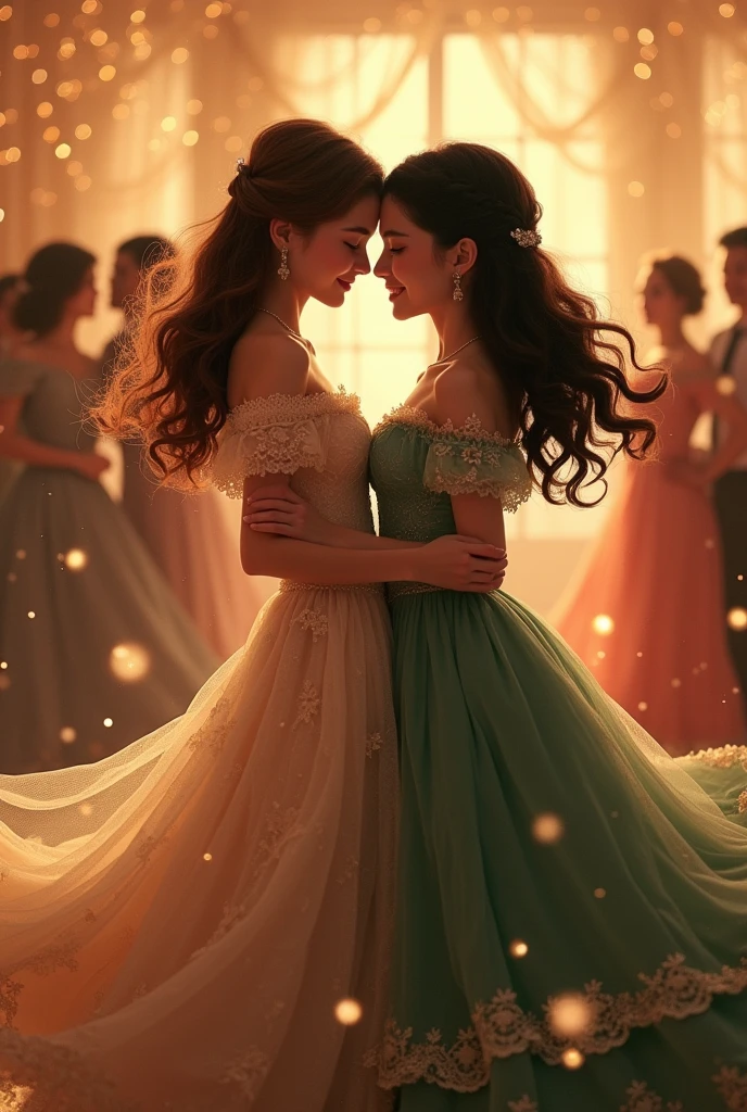 Two girls, one with long brown hair, dance with another with short, loose black hair., The chestnut one has a stunning Victorian dress full of lace details and the other one has a simple green one with small embroidered details.. The black-haired girl holds the brown-haired girl by the waist