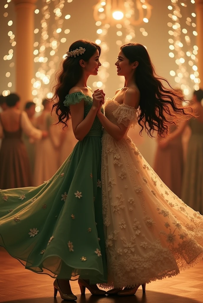 Two girls, one with long brown hair, dance with another with short, loose black hair., The chestnut one has a stunning Victorian dress full of lace details and the other one has a simple green one with small embroidered details.. The black-haired girl holds the brown-haired girl by the waist