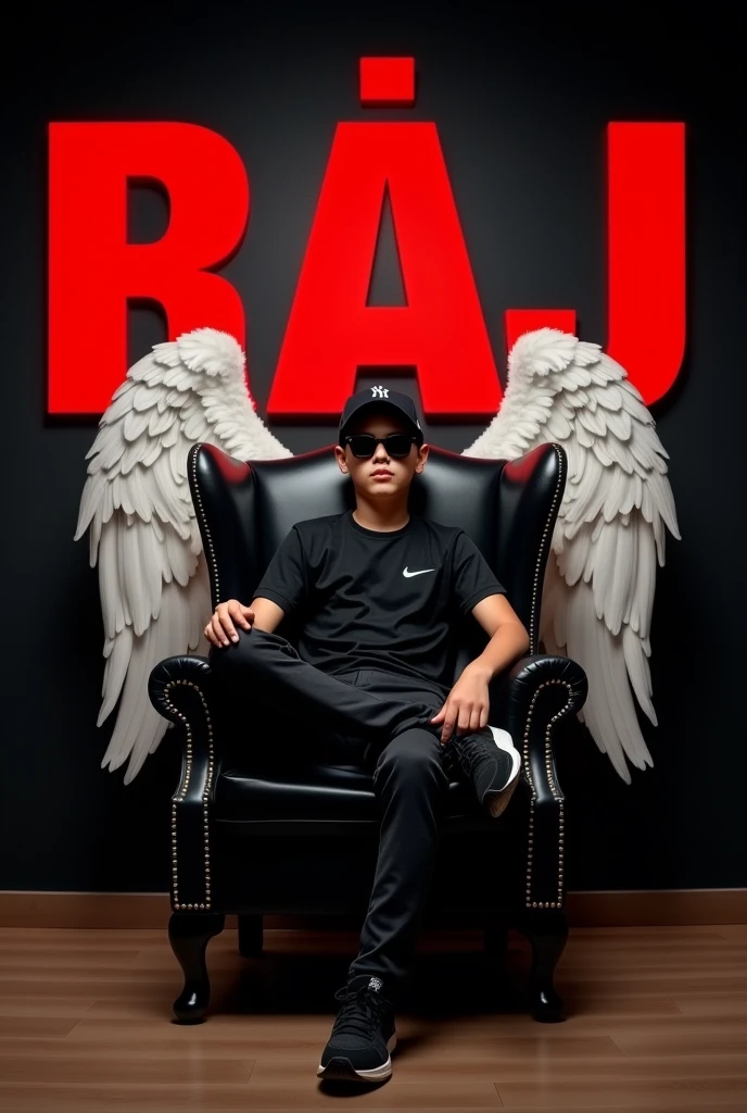 Create a 3d illusion for a Instagram profile picture where a boy in a black sits casually on a wingblack chair. Wearing sneakers, a black cricket cap, and sunglasses, he looks ahead. The background features 'RAJ' in big capital red fonts on the black wall. There should not be his shadow, and there are wings to make it appear as if he is an angle