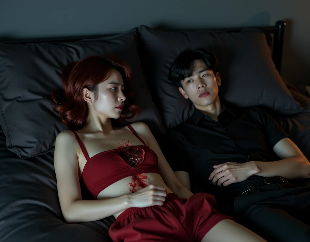 Small pale-skinned woman, lying on back against pillow, black bed, open bleeding bite wound rib cage, vibrant maroon hair, angry expression, vibrant maroon side-parted wavy medium-length hair, light skin, red midriff top, matching shorts, 190 cm tall, young man with black bowl cut, side-swept bangs, Chinese-Korean-Japanese features, black shirt, business vest, black pants, laying on other side of bed, exhausted expression, minimalistic black and grey bedroom, dark lighting, photorealistic, cinematic.