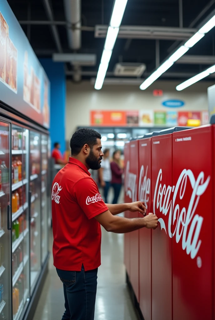 Man dressed in a uniform, red shirt from the ZEGESA advertising company, applying vinyl to cold equipment at Walmart with Coca-Cola advertising.