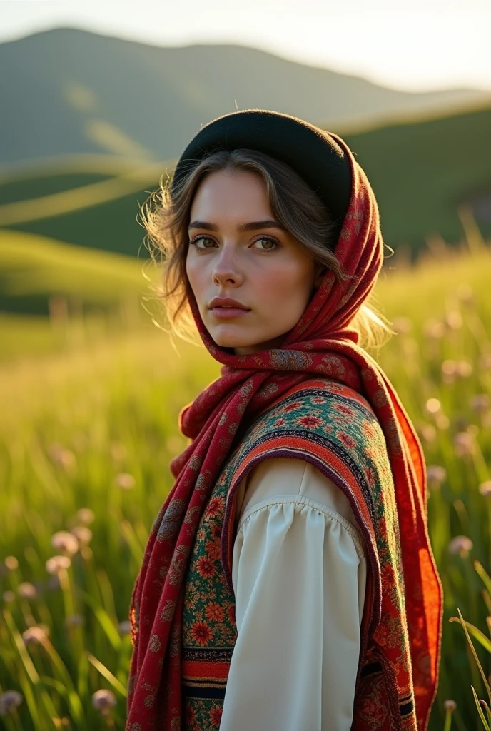 a beautiful portrait of a young woman from the basque country, wearing a traditional basque beret and scarf, standing in a lush green meadow with rolling hills in the background, warm natural lighting, intricate details, vibrant colors, cinematic composition, (best quality,4k,8k,highres,masterpiece:1.2),ultra-detailed,(realistic,photorealistic,photo-realistic:1.37),portrait,landscape,cinematic,natural lighting,detailed clothing,beautiful eyes,beautiful lips,extremely detailed face