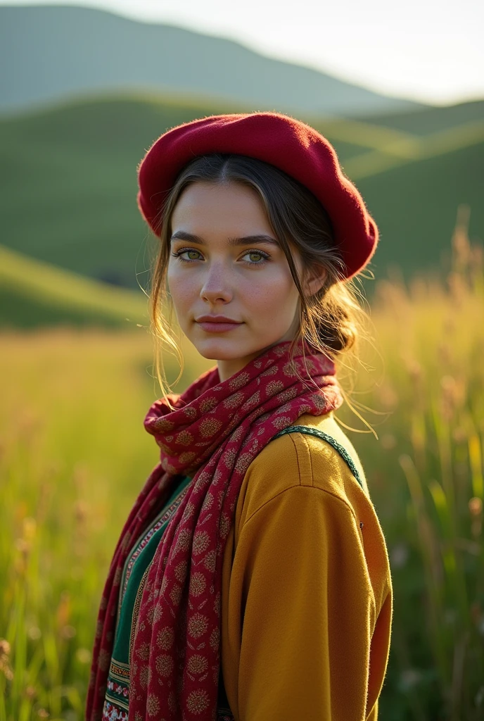 a beautiful portrait of a young woman from the basque country, wearing a traditional basque beret and scarf, standing in a lush green meadow with rolling hills in the background, warm natural lighting, intricate details, vibrant colors, cinematic composition, (best quality,4k,8k,highres,masterpiece:1.2),ultra-detailed,(realistic,photorealistic,photo-realistic:1.37),portrait,landscape,cinematic,natural lighting,detailed clothing,beautiful eyes,beautiful lips,extremely detailed face