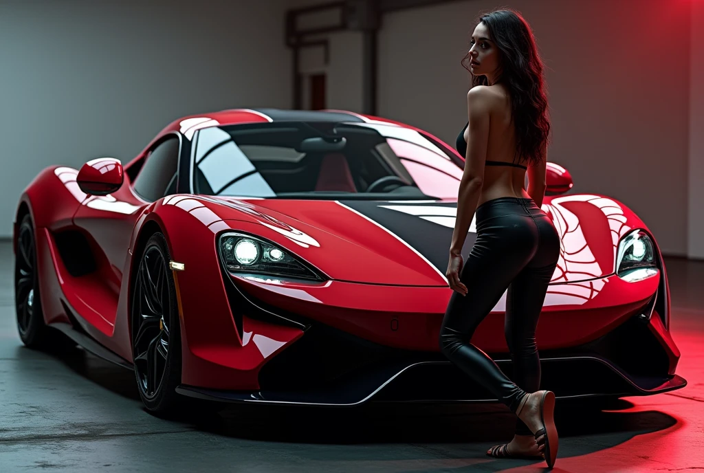 (Car photography), a luxury sports car, 1 beautiful woman, photoshoot, sleek, shiny, dynamic pose, dramatic lighting, cinematic angle, cinematic composition, dramatic shadows, cinematic color grading, vivid colors, high-end, high quality, best quality, 8k, ultra-detailed, photorealistic, professional photography, studio lighting, sharp focus, physically-based rendering, extreme detail description