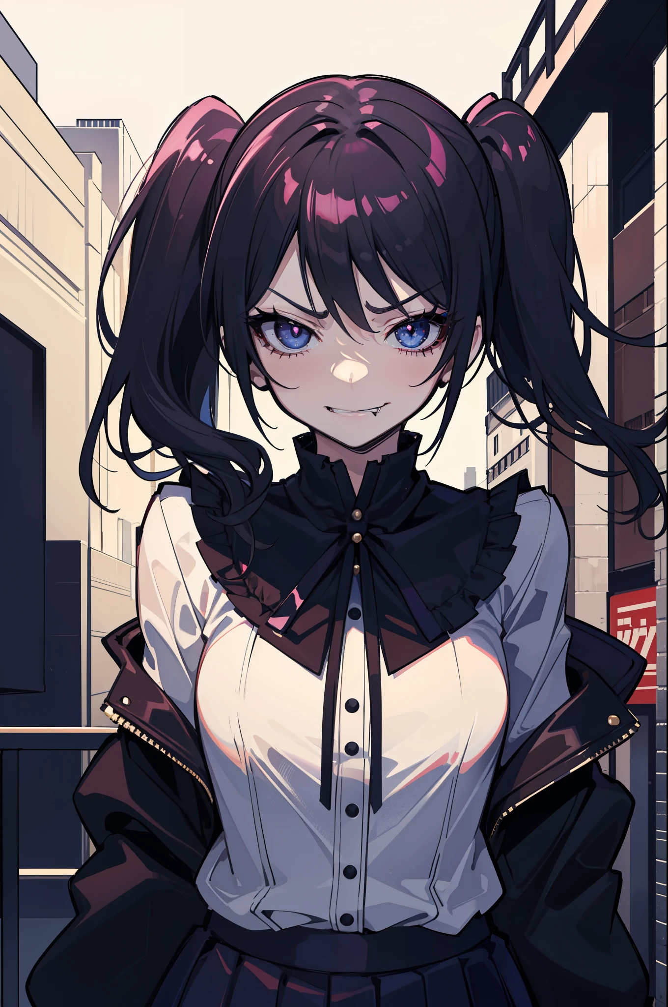 (best quality:1.2), (highest quality:1.2), (perfection:1.1), (flawless:1.1), urban street, 1girl, crazy girl, (dark look, disgusted look:1.2), (evil smirk:1.1), short height, blouse, short skirt, twin tails hair, small breasts, (best quality eyes:1.1), highly detailed, 8k, best quality resolution, (most beautiful upscale:1.1)