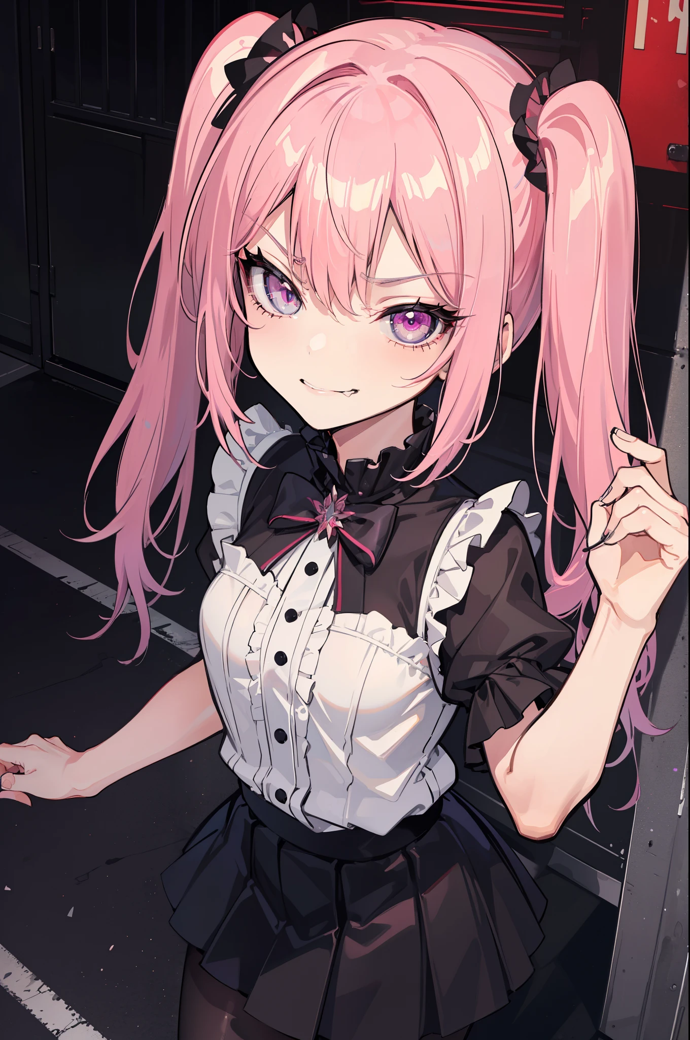 (best quality:1.2), (highest quality:1.2), (perfection:1.1), (flawless:1.1), urban street, 1girl, crazy girl, (dark look, disgusted look:1.2), (evil smirk:1.1), short height, blouse, short skirt, twin tails hair, small breasts, (best quality eyes:1.1), highly detailed, 8k, best quality resolution, (most beautiful upscale:1.1)