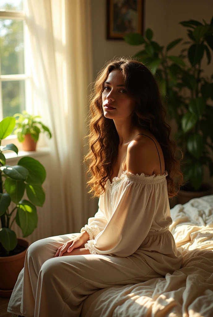 (photorealism:1.2), beautiful woman, sitting on bed, wearing loose off-shoulder top, pajama pants, long curly hair, indoors, soft lighting, plants in background, window with sunlight, cozy room, relaxed pose, realistic, intricate details, warm colors, by Greg Rutkowski, by Alphonse Mucha