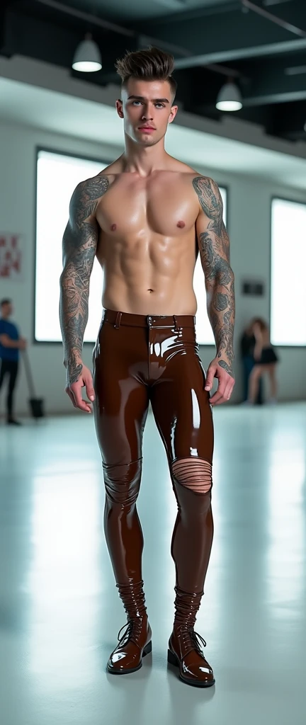 Fullbody standing picture of white skin Handsome muscular nude horny sexy gay man wearing skinny tight shiny brown latex ripped tights, shiny black Disconnected Pompadour oiled hair style, blue eyes, shiny varnished brown shoes, black belt, red lip, chain, tattoos, horny, cum shot, sperm, milking penis, very big penis, very big testicle, shiny oiled skin, orgasm, oversexed, masturbation, standing at white lighting show room.