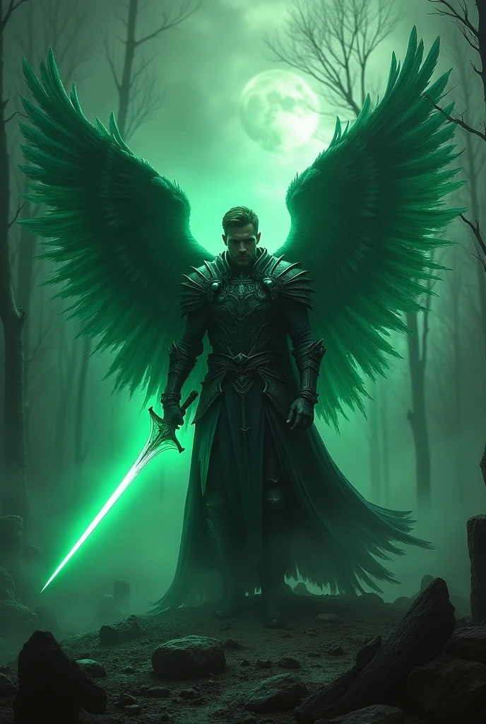 Angel warrior man with green wings holding a sword in a realm, make it dark theme