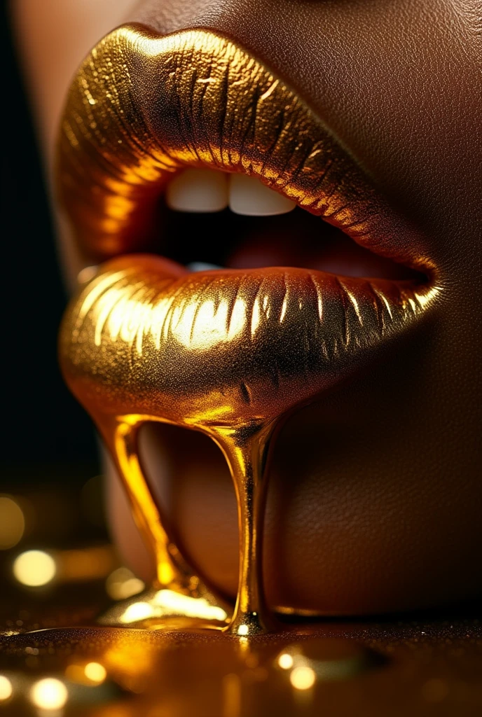 a close up of a gold lip with dripping liquid on it, Golden tooth, liquid gold, golden teeth, with Golden tooth, drip, gold dripping in spiral, draped in shiny golden oil, black gold ink dripping, glossy and drippy, dripping, dirty gold, gold paint, shiny gold, wet lips, inspired by Hedi Xandt, gilded with gold