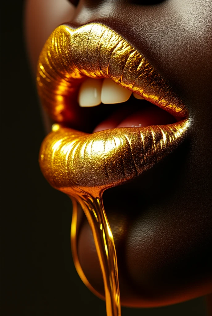 a close up of a gold lip with dripping liquid on it, Golden tooth, liquid gold, golden teeth, with Golden tooth, drip, gold dripping in spiral, draped in shiny golden oil, black gold ink dripping, glossy and drippy, dripping, dirty gold, gold paint, shiny gold, wet lips, inspired by Hedi Xandt, gilded with gold