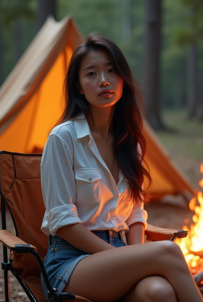 22 years old asian girl with long hair sit on the camp chair, brunette hair, full body, fit girl, big tits, tent, campfire, white shirt, blue jean short, white crocs, some facial imperfections, beautiful girl, to frown, highly detailed face, real human, ultra detailed, (texture:1.1) (realism:1.1)