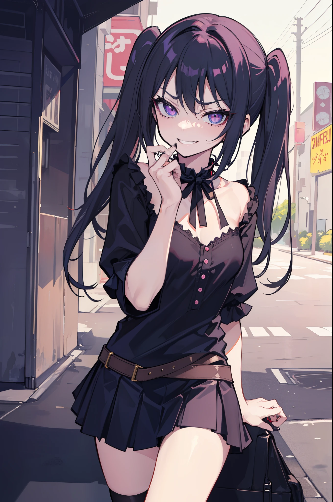 (best quality:1.2), (highest quality:1.2), (perfection:1.1), (flawless:1.1), urban street, 1girl, crazy girl, (dark look, disgusted look:1.2), (evil smirk:1.1), short height, blouse, short skirt, twin tails hair, small breasts, (best quality eyes:1.1), highly detailed, 8k, best quality resolution, (most beautiful upscale:1.1)