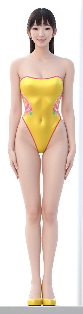 On a white background，A tall and beautiful Chinese girl，with fair skin，Toothy smile，A big smile，When you laugh, Your eyes are crescent-shaped，blunt bangs, long straight hair，Wear a one-piece swimsuit and pumps，Swimsuits are decorated with joyful patterns, Stand up straight，Stand upright，hands on sides，Symmetrical distribution，Ray tracing，All shaded areas，No windows, Soft lighting, Warm light, flood light, n, Studio light, 1.4x Realistic Ultra HD