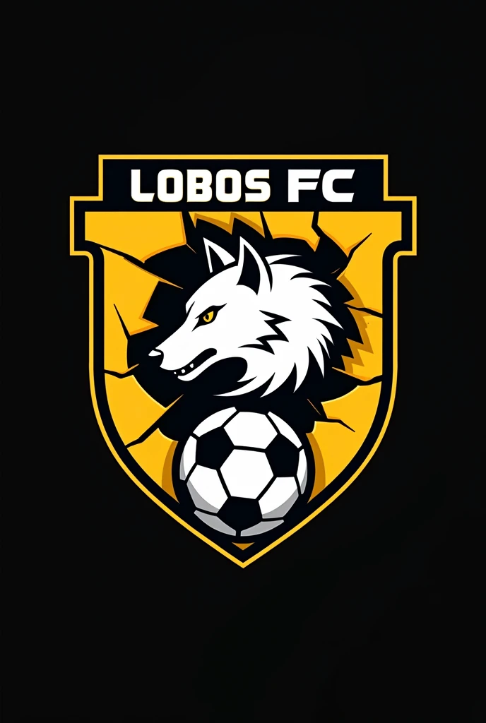 Create a logo for a soccer team in the shape of a shield, with a broken soccer ball in the center from which a fierce white wolf emerges. The shield should be yellow and say "LOBOS FC." The logo should stand out at night.