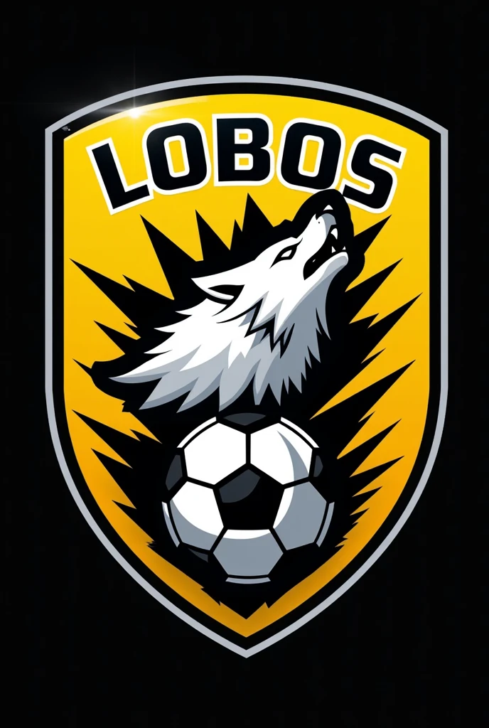 Create a logo for a soccer team in the shape of a shield, with a broken soccer ball in the center from which a fierce white wolf emerges. The shield should be yellow and say "LOBOS FC." The logo should stand out at night.