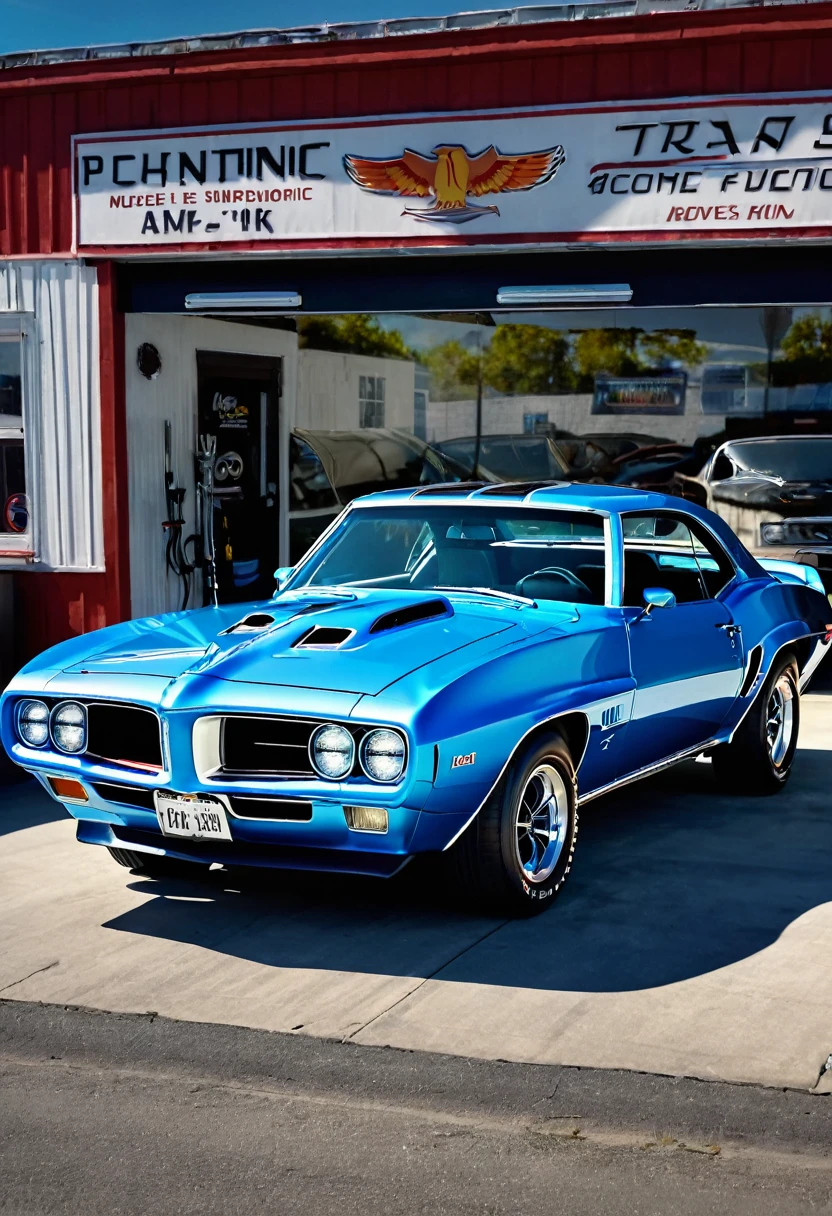 1969 Pontiac Firebird Trans Am, detailed classic muscle car, car repair shop parkin bright psychonic standing nearby, clear blue sky, heavy shadows, professional camera, professional lighting, photorealistic, 8k, best quality, highly detailed, hyper realistic, cinematic, dramatic lighting, vivid colors, depth of field.
