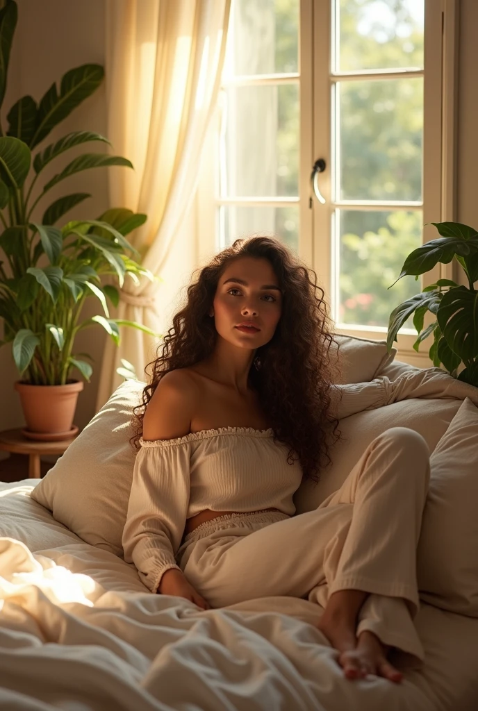 (photorealism:1.2), beautiful woman, sitting on bed, wearing loose off-shoulder top, pajama pants, long curly hair, indoors, soft lighting, plants in background, window with sunlight, cozy room, relaxed pose, realistic, intricate details, warm colors, by Greg Rutkowski, by Alphonse Mucha