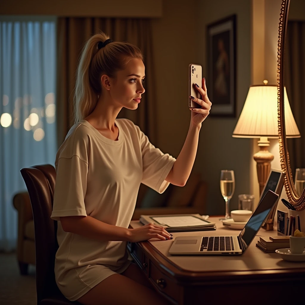 Blonde bombshell , ponytail hair, wearing a large white tshirt, sitting on an office in a hotel room and taking a closeup selfie at night with iphone in front of the mirror .
