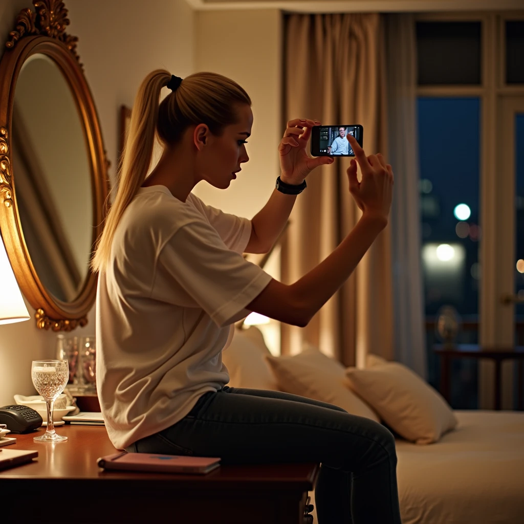 Blonde bombshell , ponytail hair, wearing a large white tshirt, sitting on an office in a hotel room and taking a closeup selfie at night with iphone in front of the mirror .