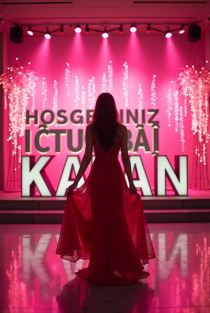 LET THE BACKGROUND LIGHTS BE PINK. WRITE "HOSGELDINIZ ❤️TUGBA❤️ KALAN" WITH 3D LOGO. LET THE COLOR BE BLACK AND WHITE. LET YOUR NAME REFLECT ON THE GROUND. BEHIND THE PHOTO IS A 23 YEAR OLD BRUNETTE GIRL WEARING A RED DRESS.
THERE MUST BE LIGHTING IN PLACES.