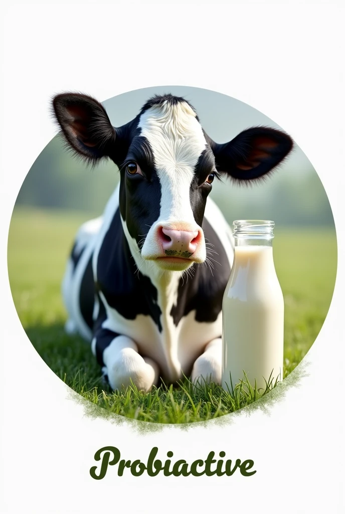 Beautiful, soft black and white cow with long eyelashes sitting with a bottle of milk.
The image should be round..
Below it should say Probioactive in italics