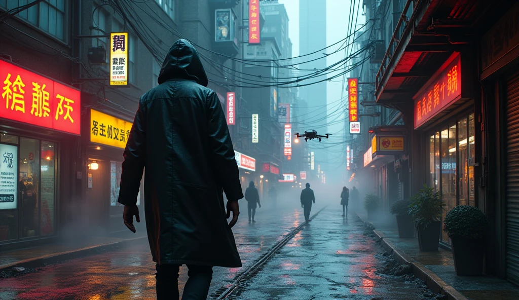 A gritty cyberpunk alleyway, rain-soaked pavement, neon-lit signs reflecting on wet surfaces, steam rising from grates, flickering holographic advertisements, towering skyscrapers in the background ::2 hooded figure in a futuristic trench coat, augmented reality glasses, hovering delivery drones, urban decay, high-tech urban life --ar 16:9