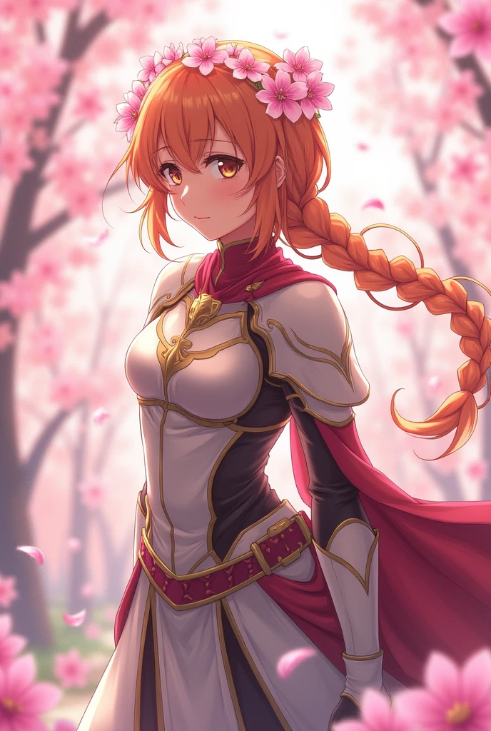 asuna, ((head of'artwork)), high resolution, asuna (Star), crown braid, Light orange hair, armure, Cherry blossoms, dutch angle