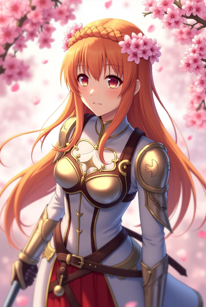 asuna, ((head of'artwork)), high resolution, asuna (Star), crown braid, Light orange hair, armure, Cherry blossoms, dutch angle