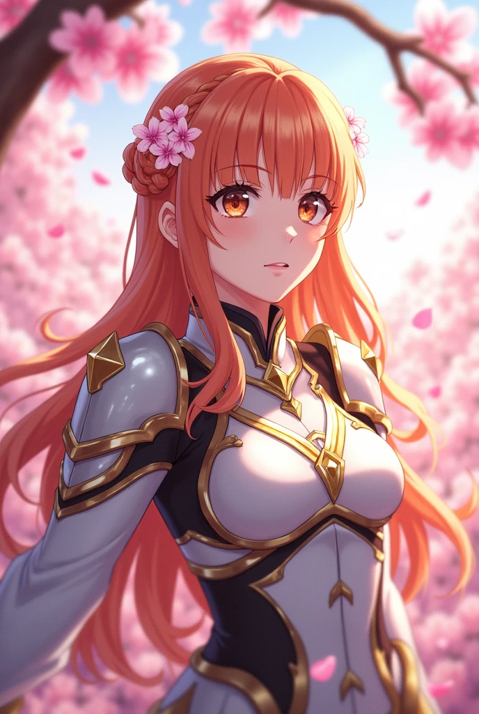 asuna, ((head of'artwork)), high resolution, asuna (Star), crown braid, Light orange hair, armure, Cherry blossoms, dutch angle