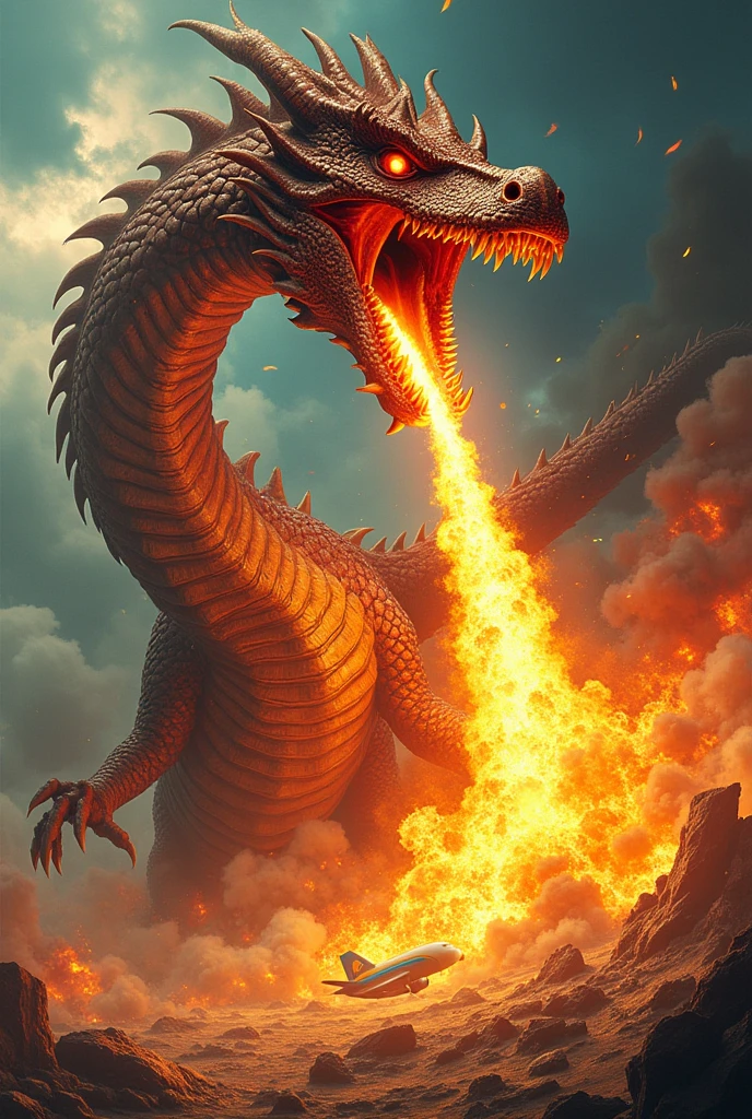 I need a dragon with its mouth open that looks real, I need him to be spitting a huge jet of flames coming out of his mouth. The plane is burning in a McDonald's style sandwich