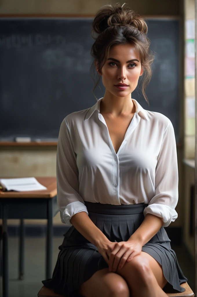 advertising poster style, (solo, full body photo:1.3), (shushing:1.3), (haze, fog, mist:1.3), chiaroscuro, AnalogRedmAF A stunning woman with messy hair, flirty, sits in a classroom, artwork on the blackboard, short black skirt, unbuttoned white blouse, messy bun, camera,highres, extremely detailed, 1woman,beautiful detailed woman,full body, realistic, light on face, cinematic lighting, perfect eyes Professional, modern, product-focused, commercial, eye-catching, highly detailed