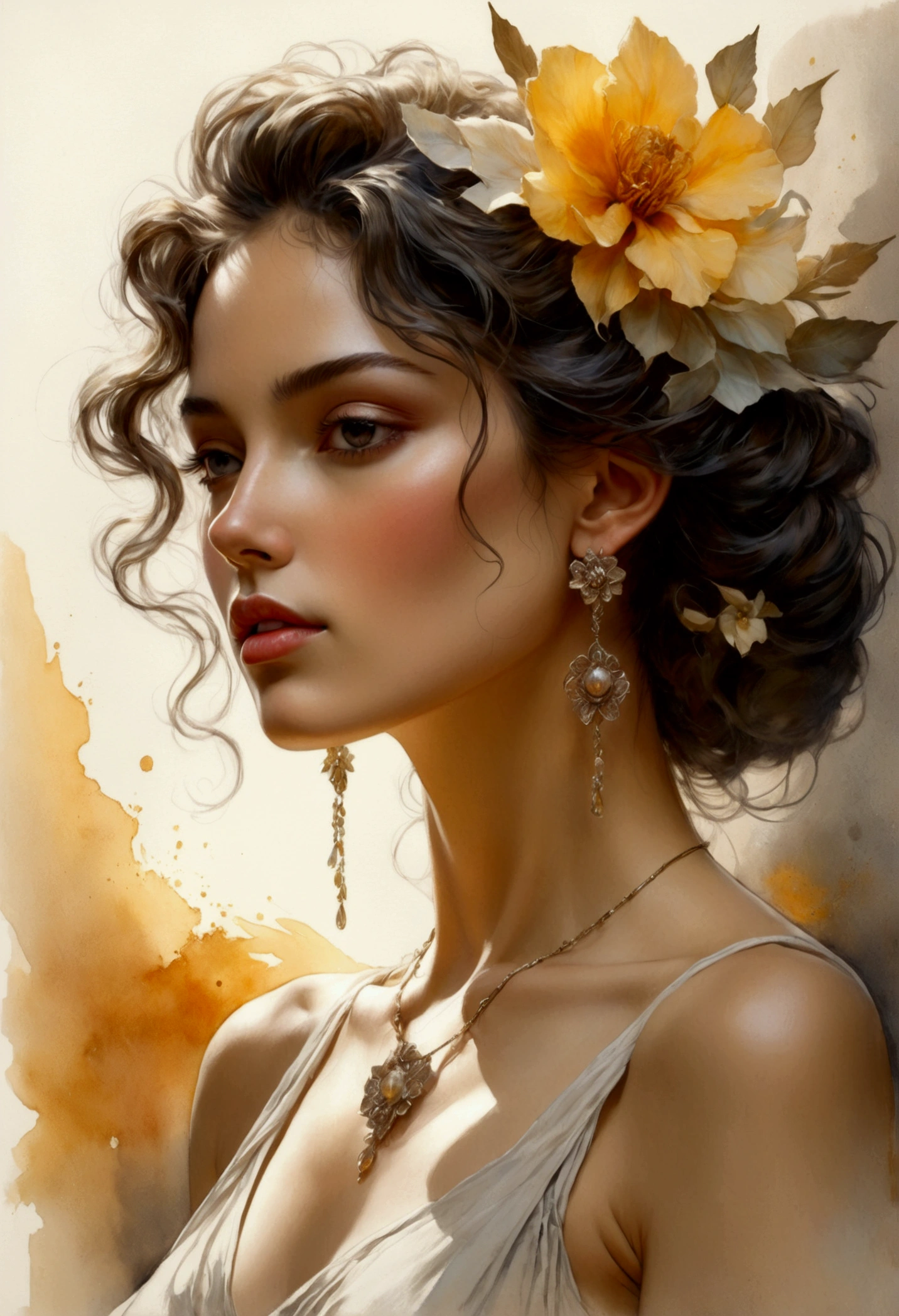 Digital art, Film quality, portrait, realistic art, Digital illustration, Vibrant colors, watercolor, oil paints, alcohol inks, combining the artistic styles of José Royo, David Hamilton, Karol Bak's, Jim Lee, Frank Miller, Luis Royo, watercolor illustration of the silhouette of an elegant Spanish woman, sketch gracefully showing feminine beauty, flowing hair, highlights on the face, earring and necklace, a flower in the hair. captures the ethereal beauty of her outfit, soft washes of watercolor blending seamlessly to represent the fluid fabric and intricate details. The sketch pose exudes a natural elegance. hyperdetailed, trends in artstation, sharp focus, studio photo, intricate details, highly detailed, by greg rutkowski, pastel photo, digital art, perfect composition, beautiful intricate details insanely detailed octane rendering trends in artstation, art photography by 8k, photorealistic concept art, soft natural volumetric cinematic perfect light, chiaroscuro, award-winning photography, masterpiece, oil on canvas, raphael, caravaggio, greg rutkowski, beeple, beksinski.
