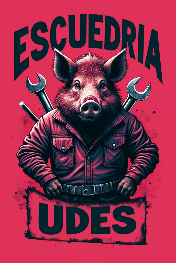 Logo for a team called pigs, which has an aggressive wild boar with mechanic's clothing in a dark pink background with the name ESCUEDRIA PORCINOS UDES